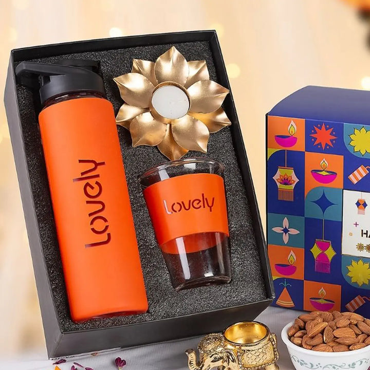 Personalized Diwali Gift Hamper | Includes 1 Bottle, 1 Glass, 1 Golden Lotus Diya
