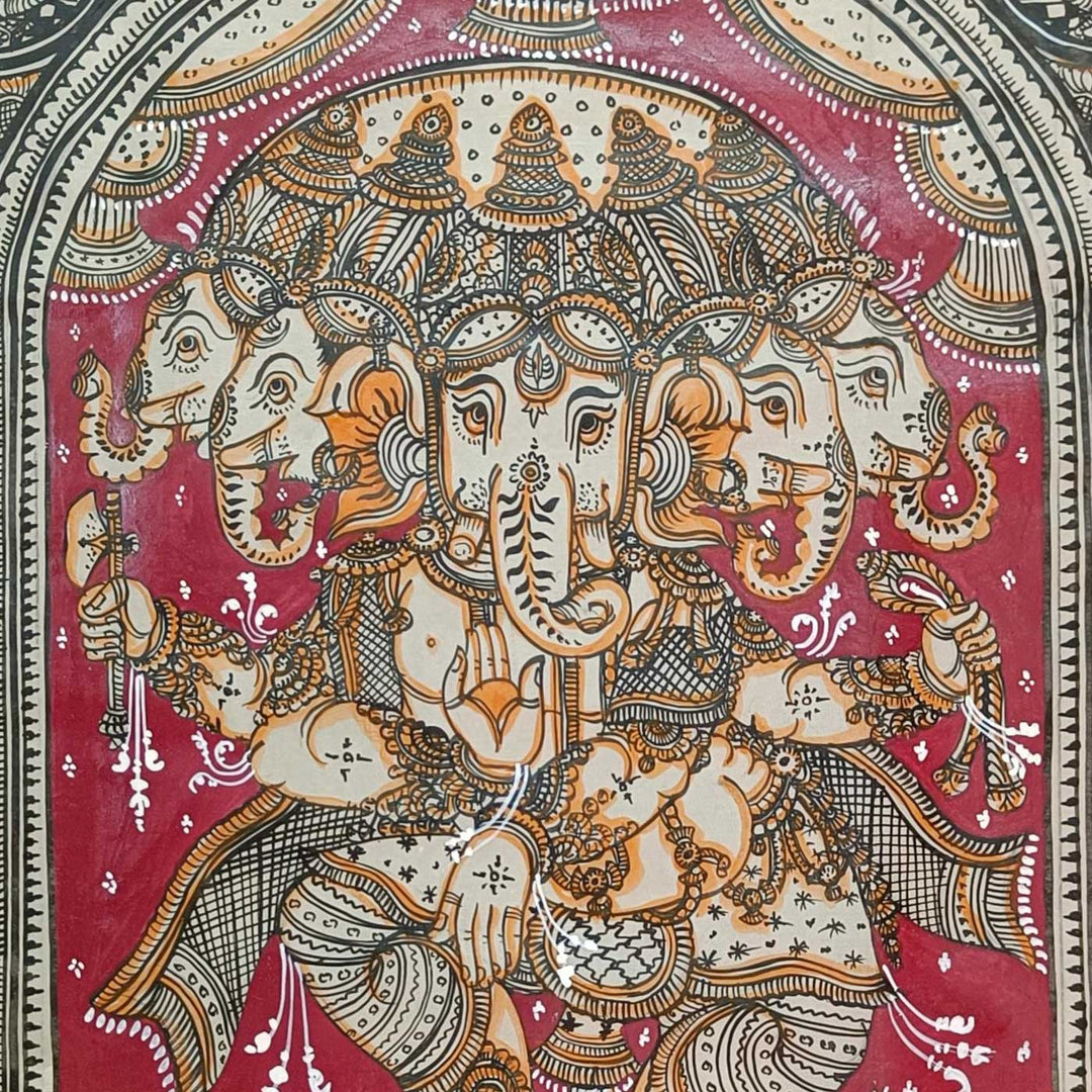 20 X 30 Inch | Handmade Silk Dancing Panchamukhi Ganesha Painting