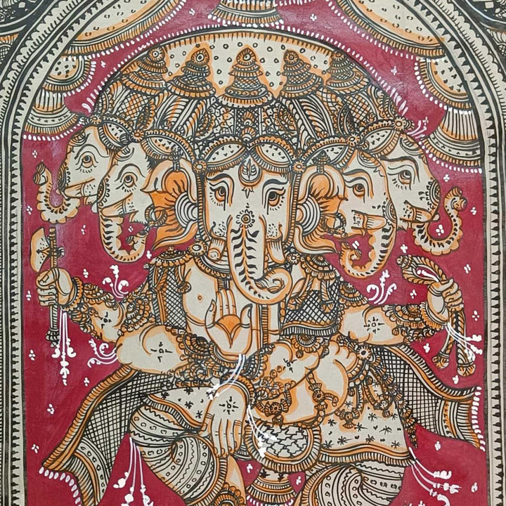 20 X 30 Inch | Handmade Silk Dancing Panchamukhi Ganesha Painting