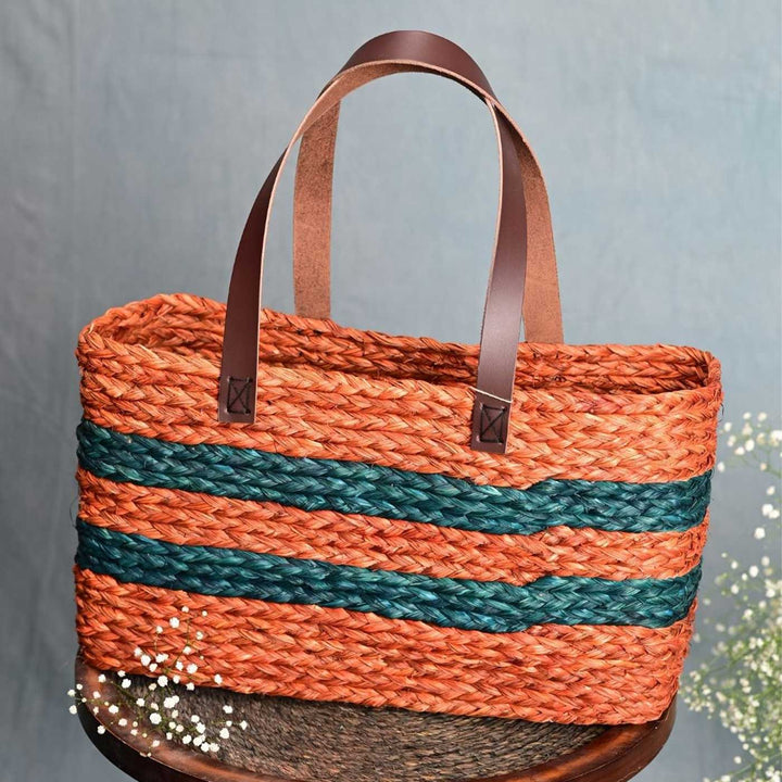 Handmade Grass Woven Double Striped Sabai Mesh Handbag