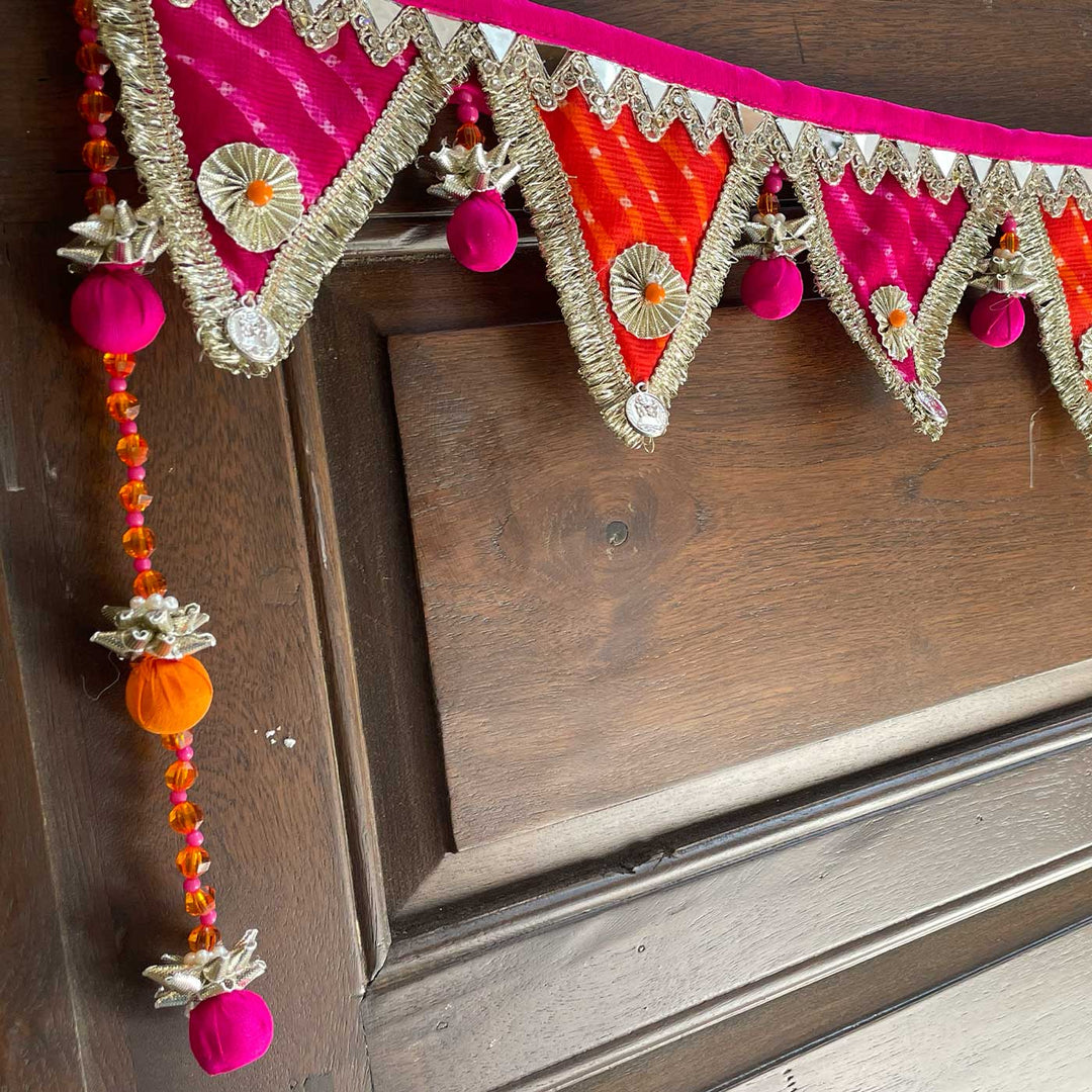 Handmade Pink & Orange Gota Triangle Festive Banderwal Toran with Pom Poms
