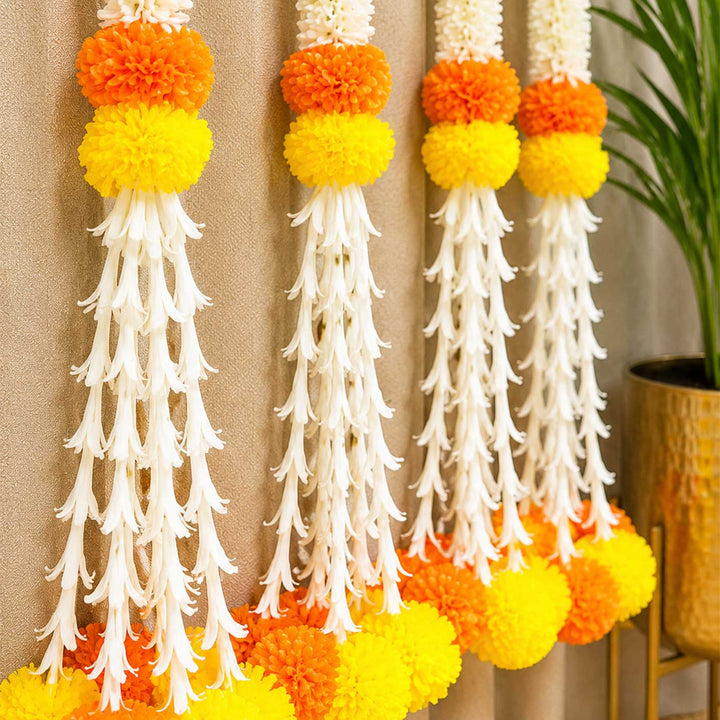 Handcrafted Artificial Jasmine & Marigold Yellow And Orange Flower Hangings For Festive Decor