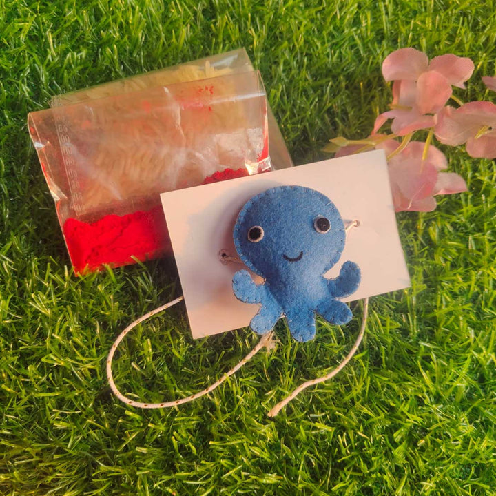 Customized Handmade Beaded Octopus Theme Felt Rakhi With Roli Chawal For Kids - Blue Octopus with Powder Packet