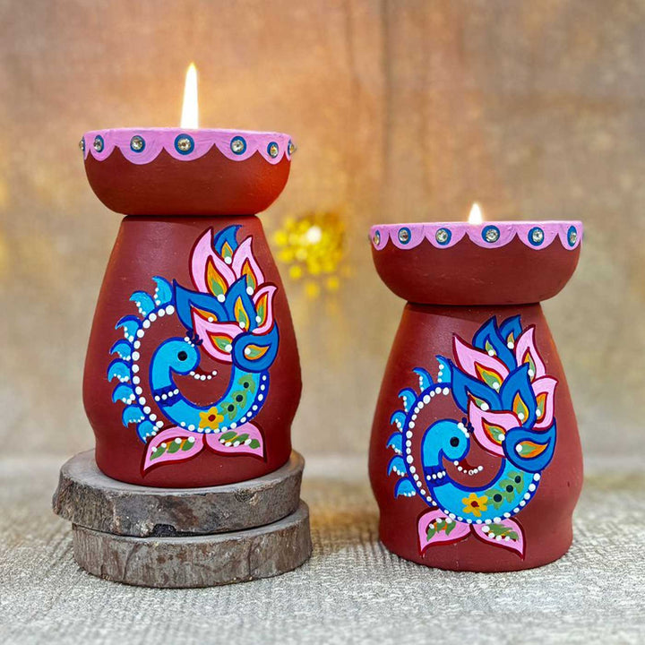 Hand-Painted Peacock Theme Terracotta Tealight Holder | Set Of 2