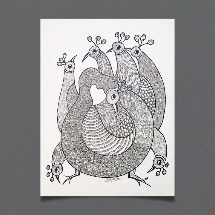 11 x 15 Inch | Peacock Family | Original Hand Painted Tribal Gond Art Painting | Acrylic Paints On Paper
