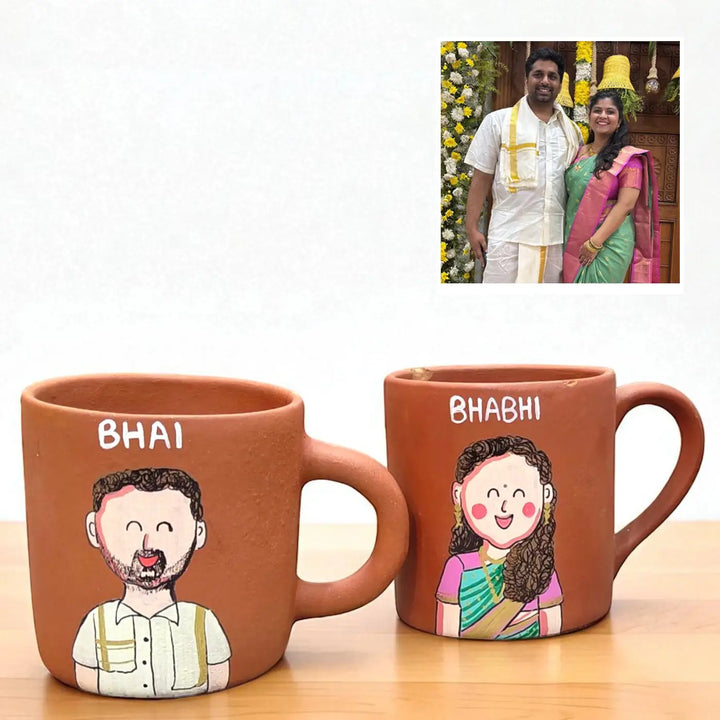 Photo Personalized Hand-Painted Terracotta Mug For Bhaiya And Bhabhi | Set Of 2