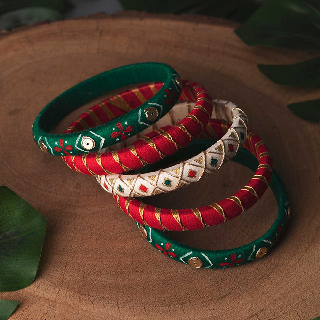 Red, Green & White Handcrafted Gotta Patti Bangles | Set of 5