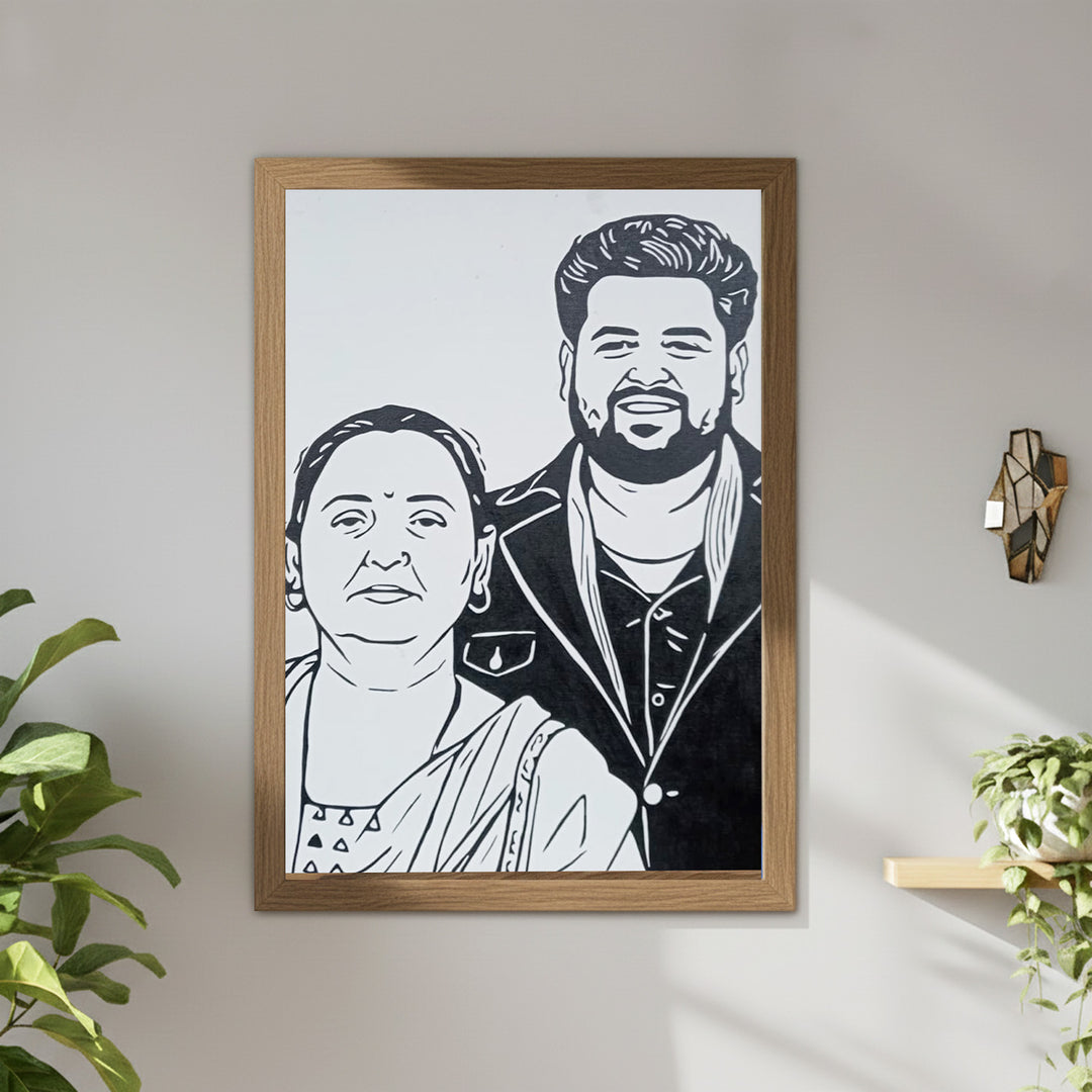 Photo Personalized Black & White Hand Painted Portrait With Premium Wooden Frame