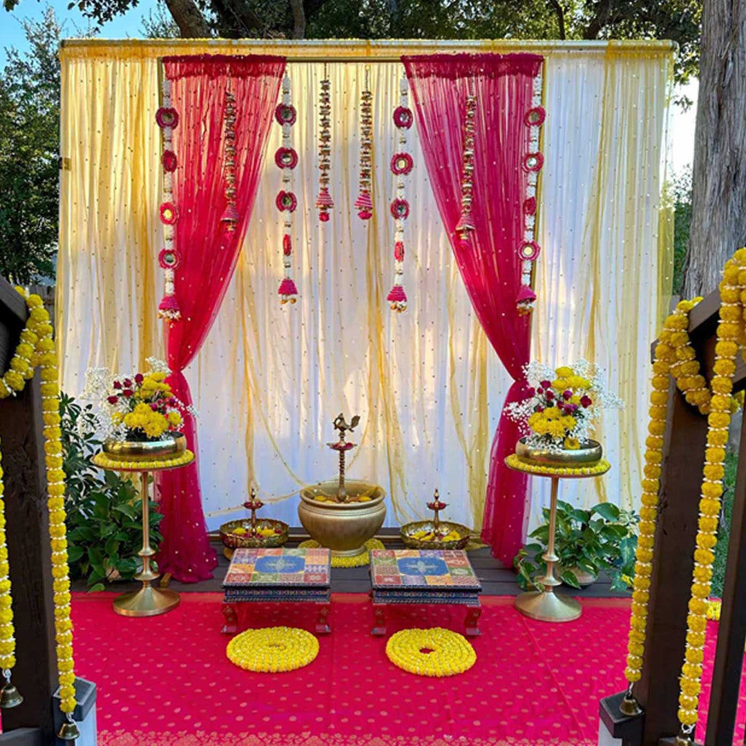 Pink & Yellow Tissue Drape Backdrop Decor Kit With Mirror Cone Tassels For Pre-Wedding/Festivals