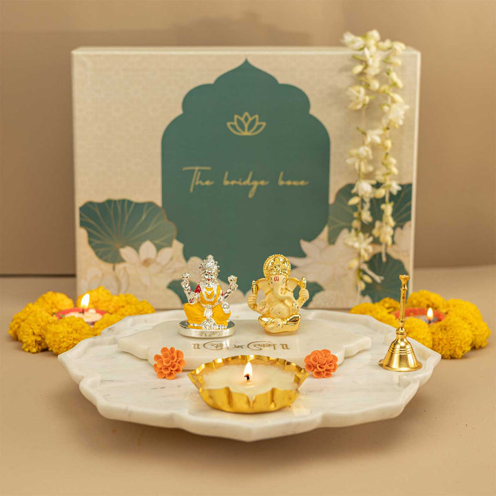 Handmade Aaradhya Gift Hamper | Includes 1 Ganesh, 1 Lakshmi, 1 Shubh Labh, 1 Bell, 1 Candle, 1 Card And 1 Box