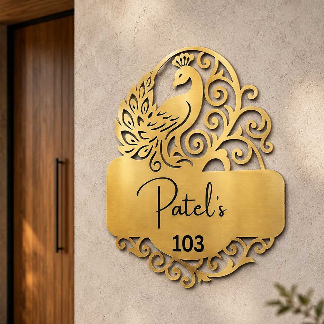 "Royal Plume" Personalized Weatherproof Stainless Steel Name Plate With Peacock Motif For Home