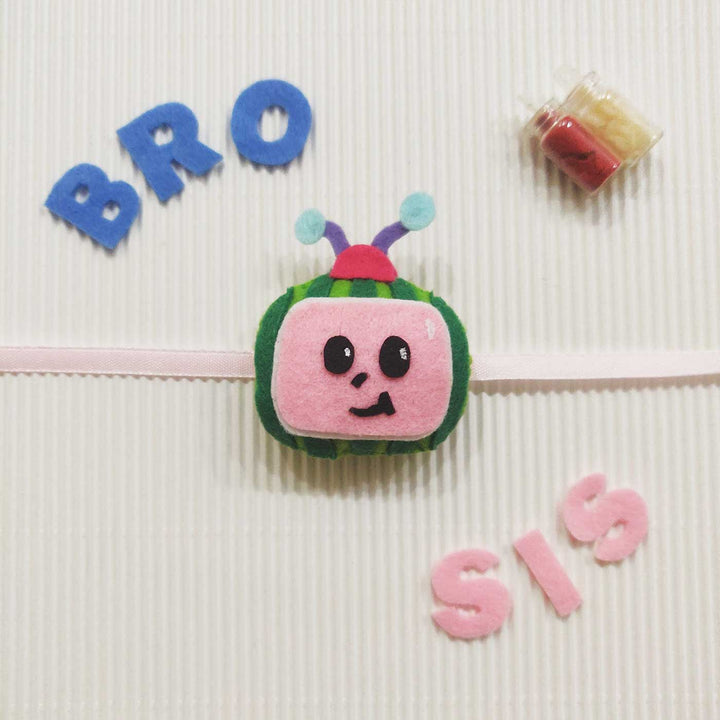 Handmade Cocomelon Theme Felt Kids Rakhi With Roli Chawal - Displayed with "BRO" and "SIS" Letters