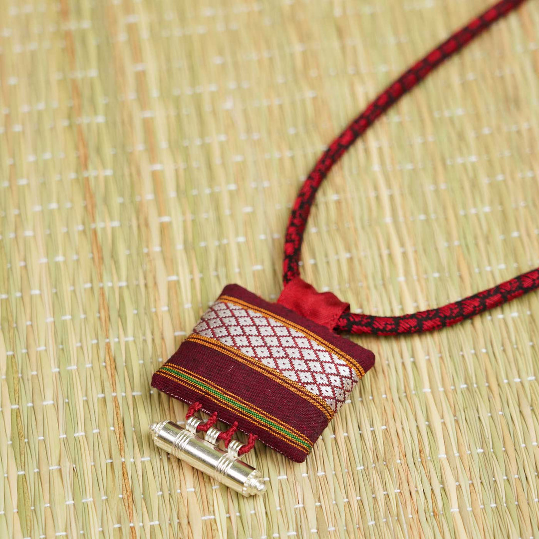 Handmade Maroon Khunn Fabric Necklace With Silver Tawiz