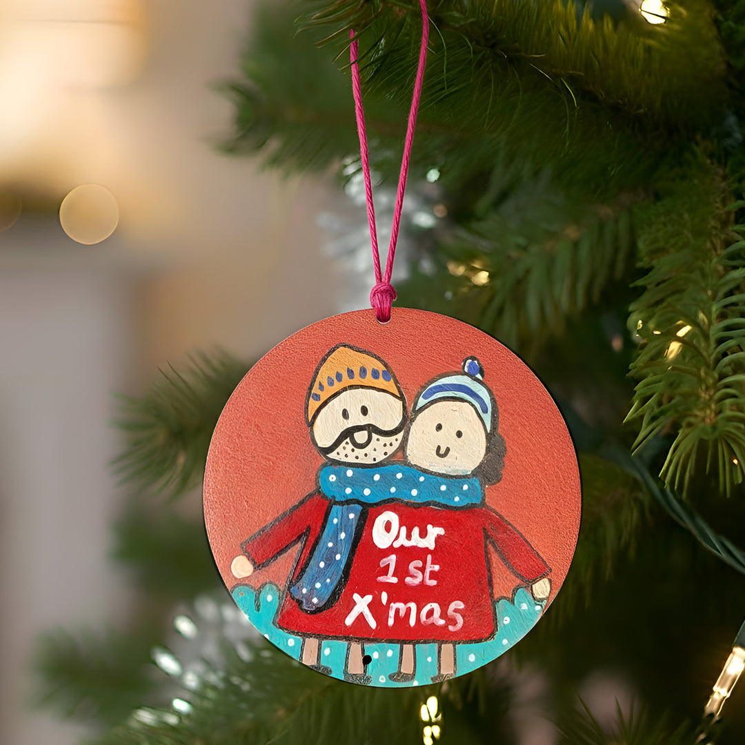 Hand-Painted "Our First Xmas" Terracotta Ornament For Christmas Tree Decoration