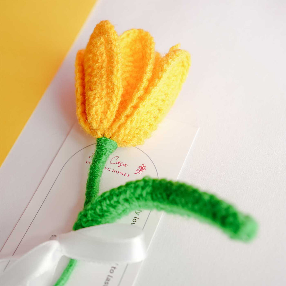 Personalized Handmade Crochet Tulip Yellow Rakhi Hamper | Includes 1 Crochet Flower, 1 Message Card & 2 Rakhis & Roli Chawal