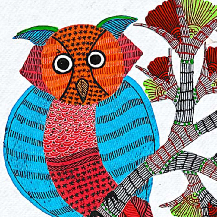 11 x 15 Inch | Owl on a Branch | Original Hand painted Tribal Gond Art Painting | Acrylic Paints On Paper