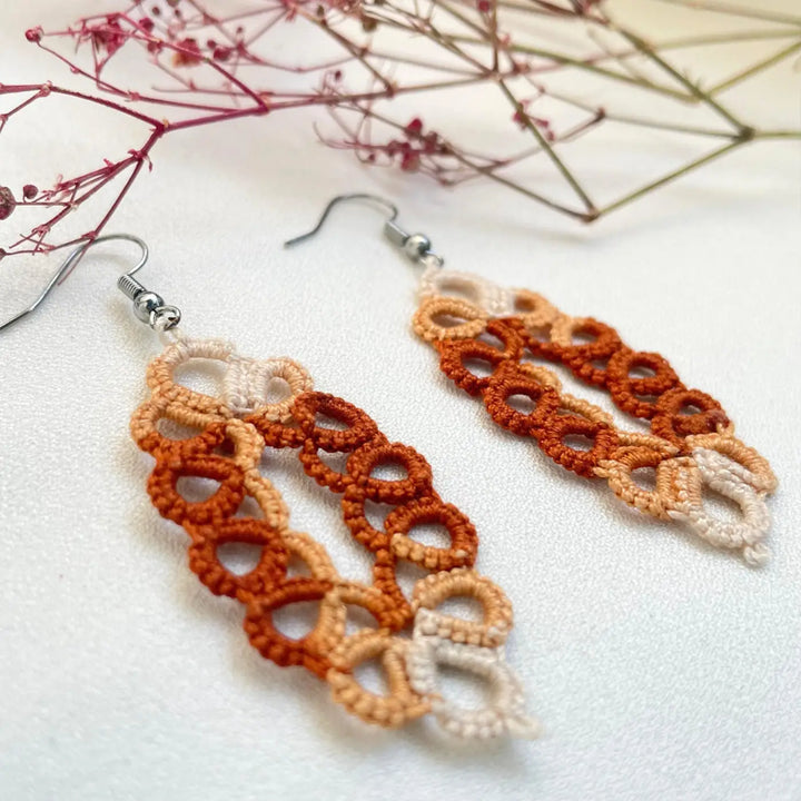 Handmade Tatting Triple Color Oval Shaped Cotton Earrings