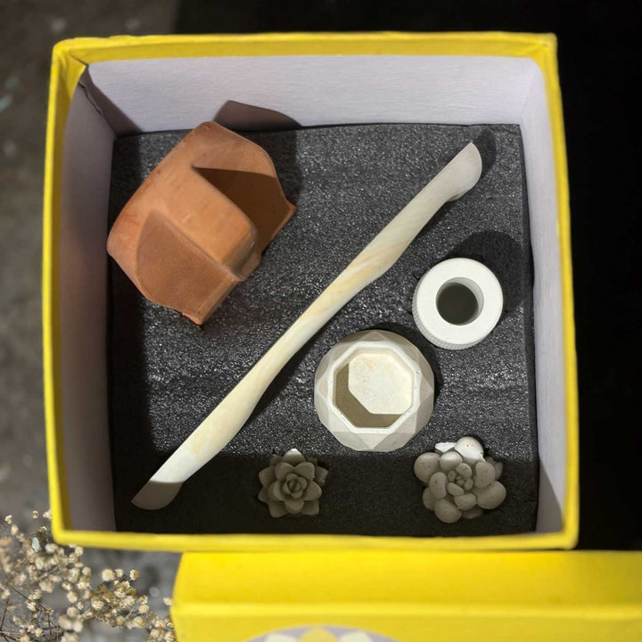 Handmade Abundance Concrete Gift Hamper | Includes 1 Fluid Trinket, 1 Octa Candle Holder, 1 Large Ganesha, 1 Mini Fluted Vase, 2 Concrete Succulents