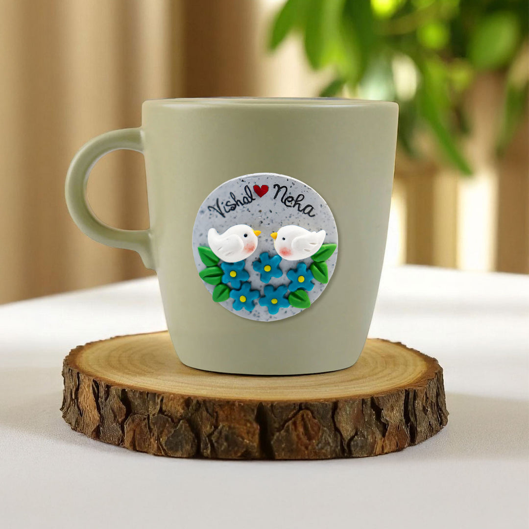 Personalized Love Birds & Flowers Mug With 3D Clay Figurine
