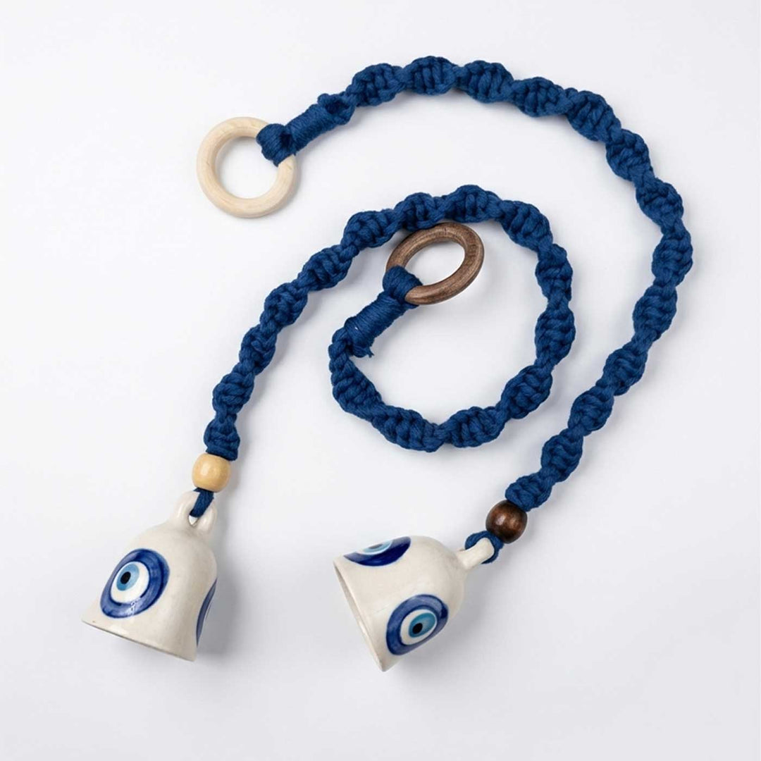2 Pc | Macrame Handpainted Ceramic Bells Hanging With Wooden Rings & Beads