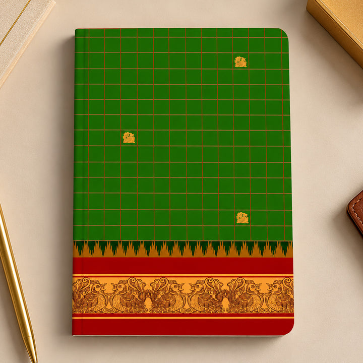Green Checkered Pattern A5 Journal With Kanchipuram Weaves Heritage Cover For Festive Gifting