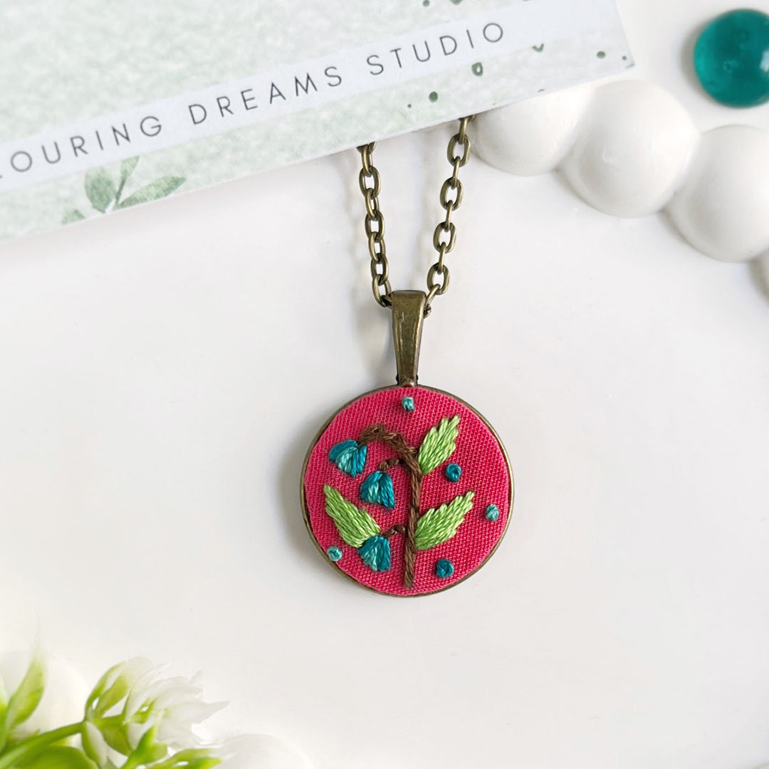 Hand Embroidered Teal Memoir Antique Finish Necklace