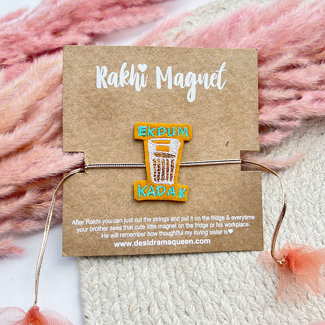 Handmade Ek Dum Kadak Tea Felt Rakhi For Brother - Front View on Display Card