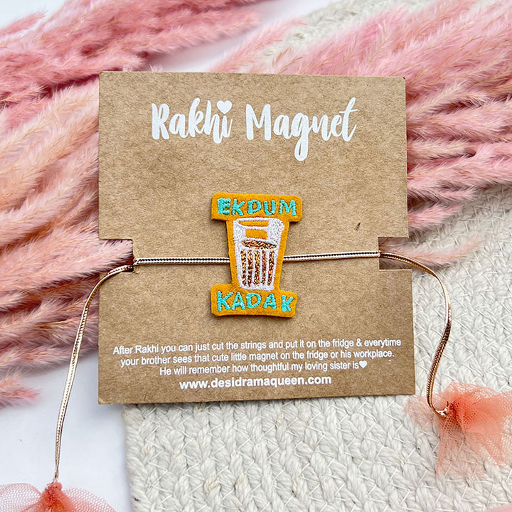 Handmade Ek Dum Kadak Tea Felt Rakhi For Brother - Front View on Display Card