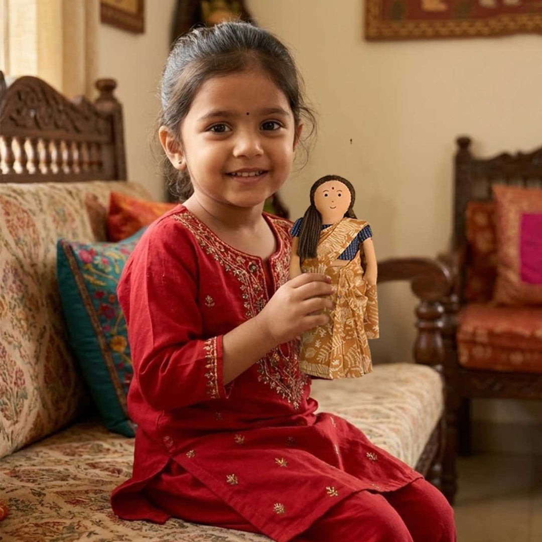 Nilah's Amma (Mother) In Beige Saree | Soft Hand-Stitched Sustainable Indian Play Doll