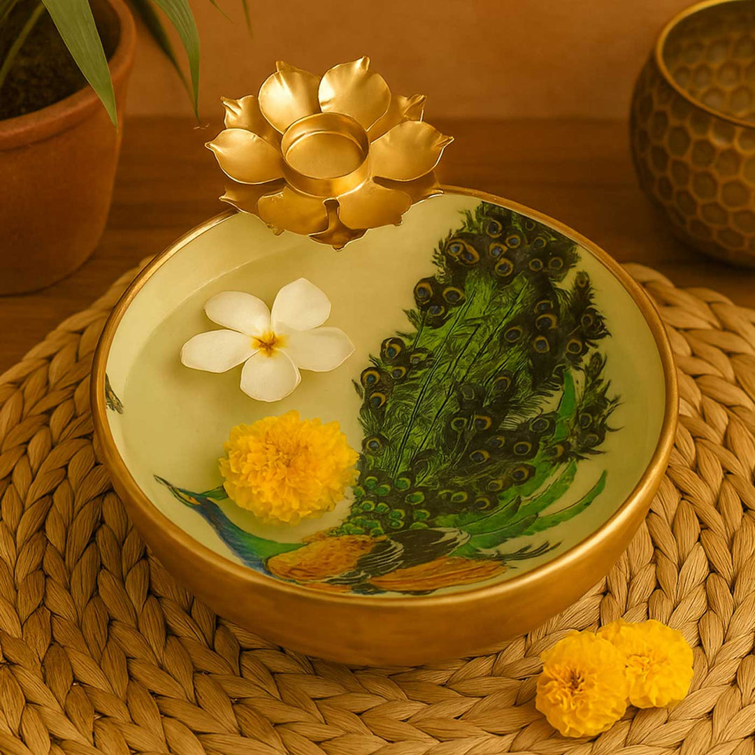 Handmade Green Meena Enamel Peacock Urli With Floral Tealight Holder For Festive Decor