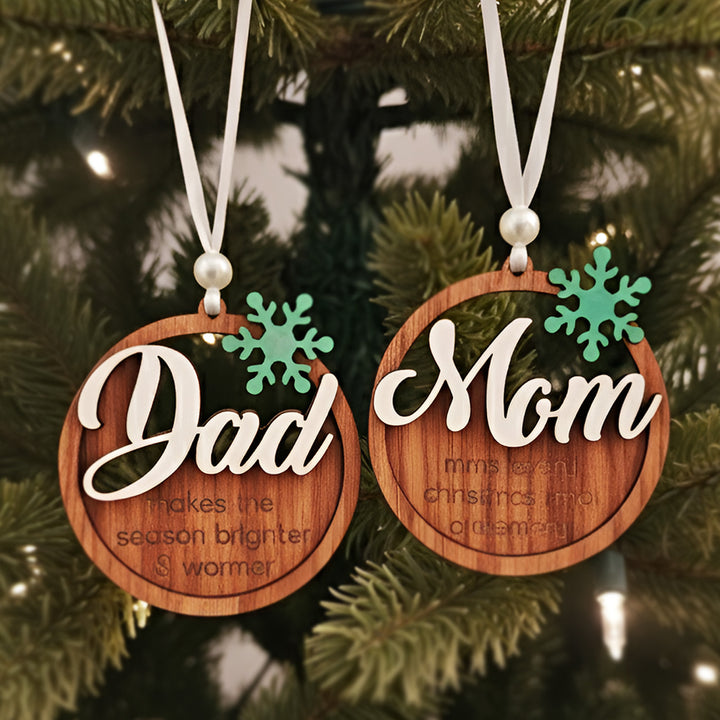 2 Pc | Handmade Round Mom & Dad MDF Wood Ornaments For Christmas Tree Decoration