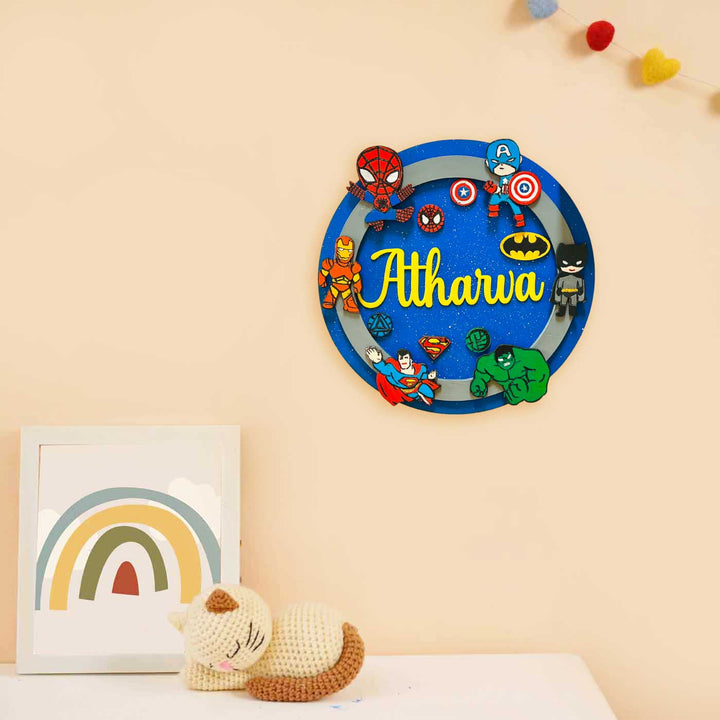 Personalized Hand Painted Superhero Mdf Wood Kids Name Plate - Mounted on Wall with Name Personalization