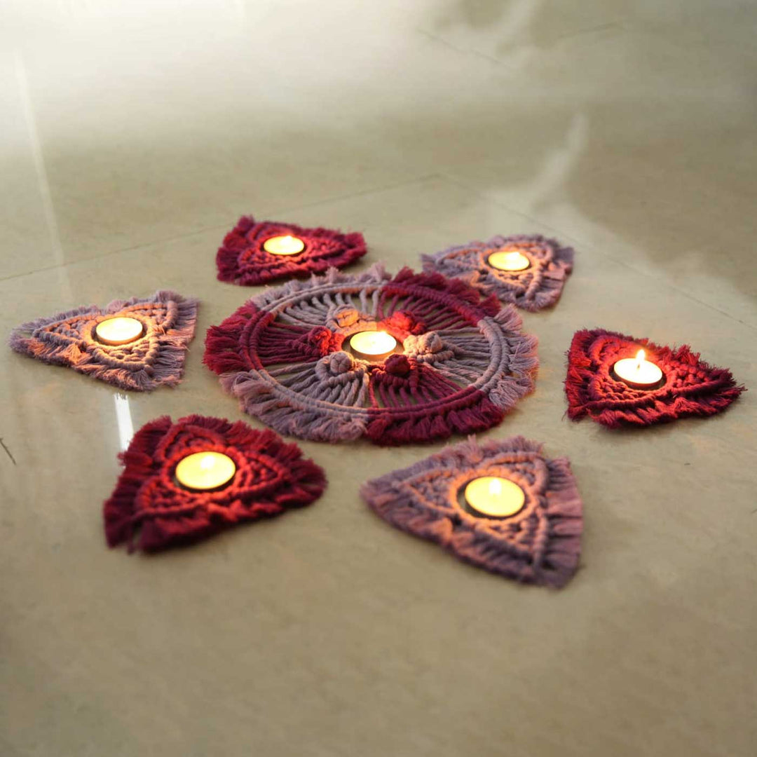 Handmade Macrame Rangoli Design Cotton Tealight Holder | Includes 1 Center Piece, 6 Small Pieces And 10 Tea Light Candles