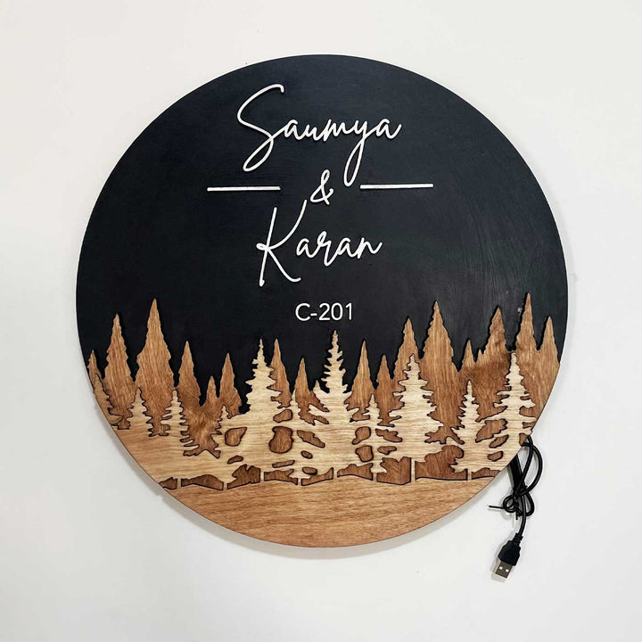 Pine Forest Theme Personalized Round Led Backlit Handcrafted Wooden Name Plate With Laser Cut White Lettering For Home
