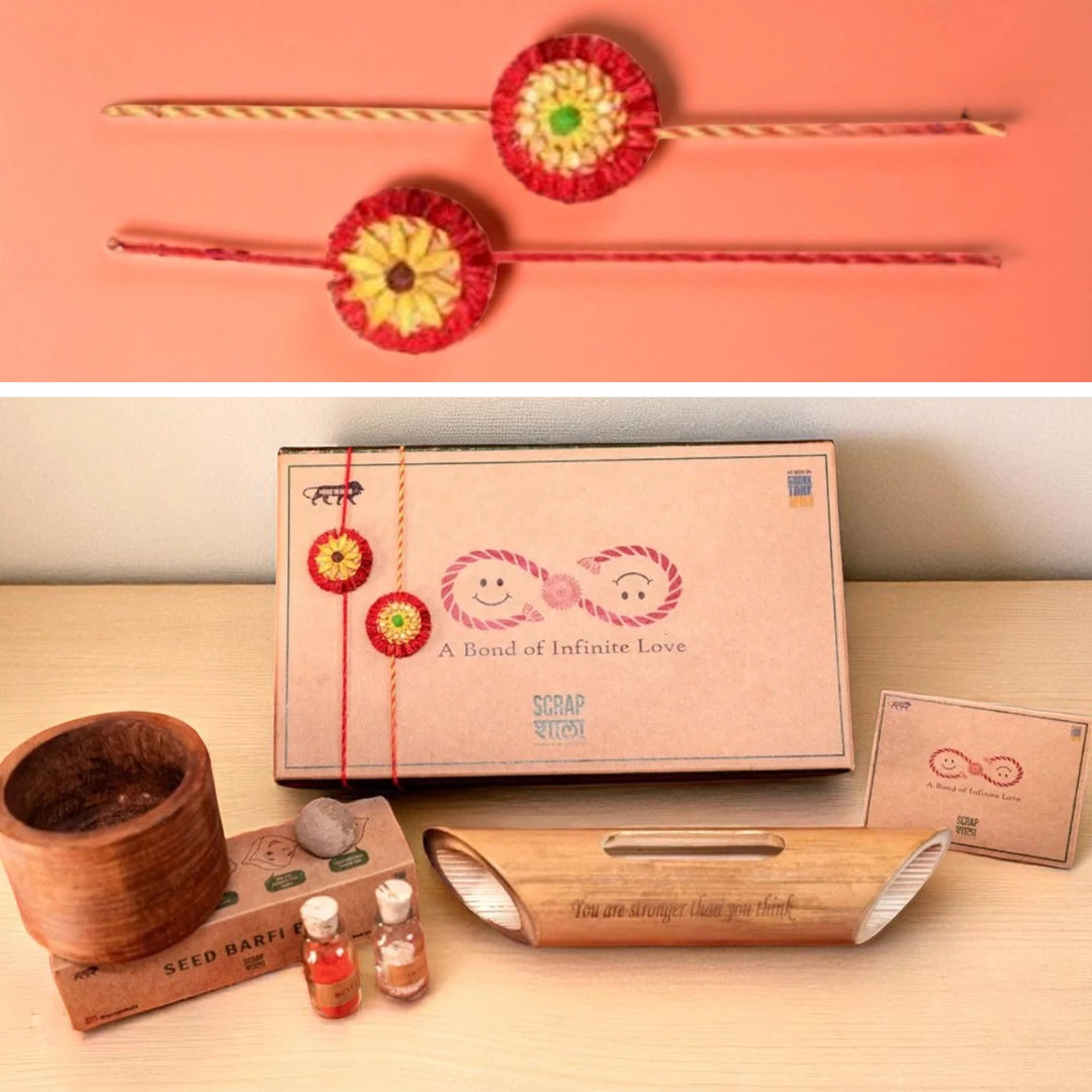Akkad Bakkad Plantable Handmade Cork Rakhi Hamper With Roli Chawal - Close-up of two rakhis