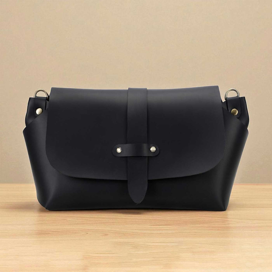 Handmade Solid Black Color Rexine Sling Bag