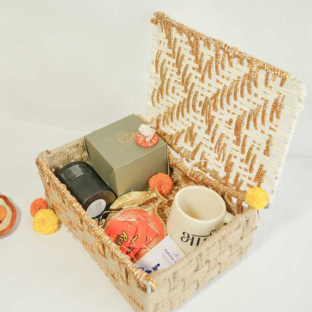 Personalized Handmade Rakhi Hamper | Includes 1 Basket, 1 Mug, 1 Candle, 1 Serving Bowl, 2 Rakhis, 1 Roli Chawal & 1 Message Card