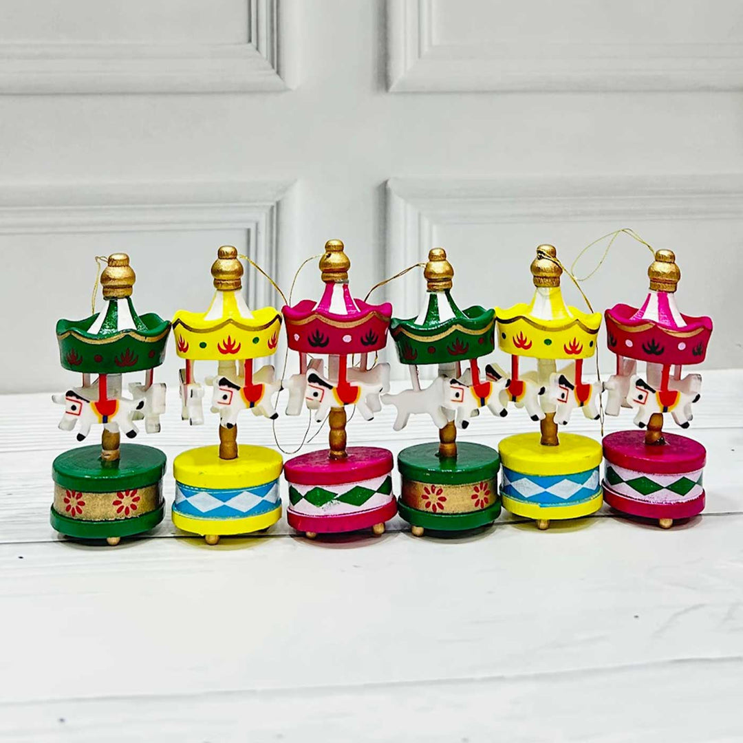 Handmade Whirlwind Wonder Carousel Wooden Ornaments For Christmas Tree Decoration | Set Of 6