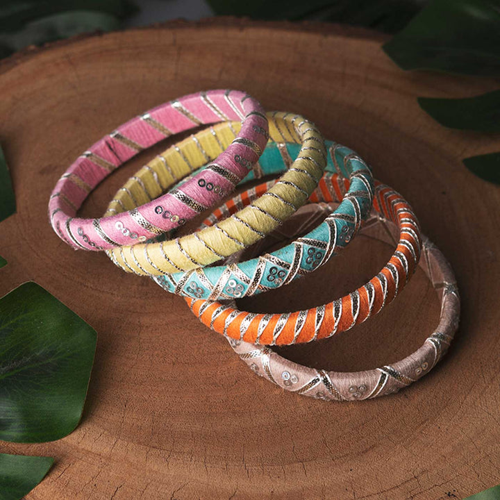 Pastel Handcrafted Silver Gotta Patti Bangles | Set of 5