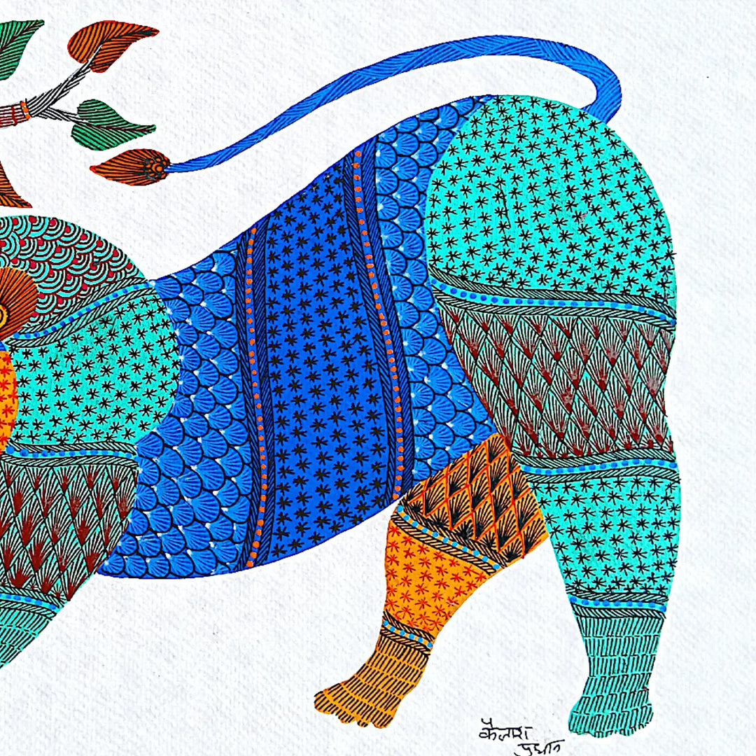 11 x15 Inch | Lion & Tree | Original Hand Painted Tribal Gond Art Painting | Acrylic Paints On Paper
