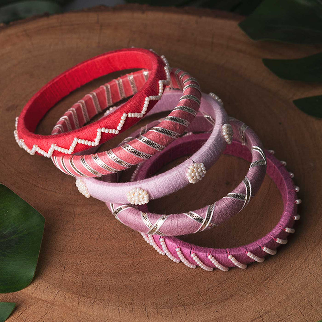 Pastel Handcrafted Small Beads & Silver Gotta Patti Bangles | Set of 5
