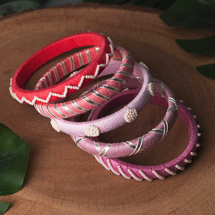 Pastel Handcrafted Small Beads & Silver Gotta Patti Bangles | Set of 5