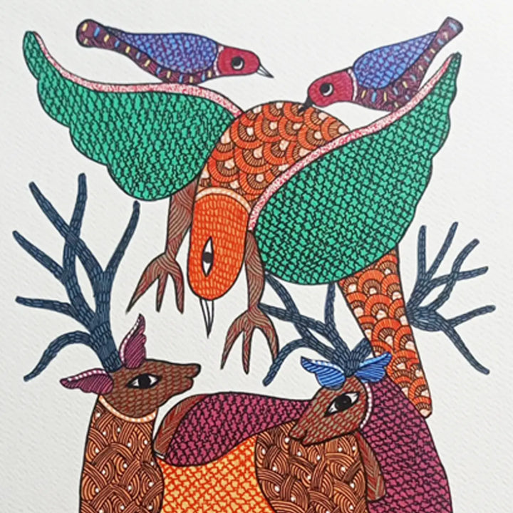 11 x 16 Inch | Deer and Birds in Harmony | Original Hand Painted Tribal Gond Art Painting | Acrylic Paint On Paper