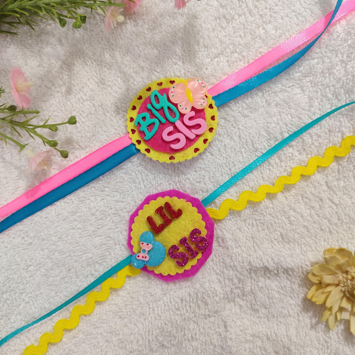 Handmade "Big Sis" & "Lil Sis" Felt Kids Rakhi Combo With Roli Chawal For Sisters | Set Of 2