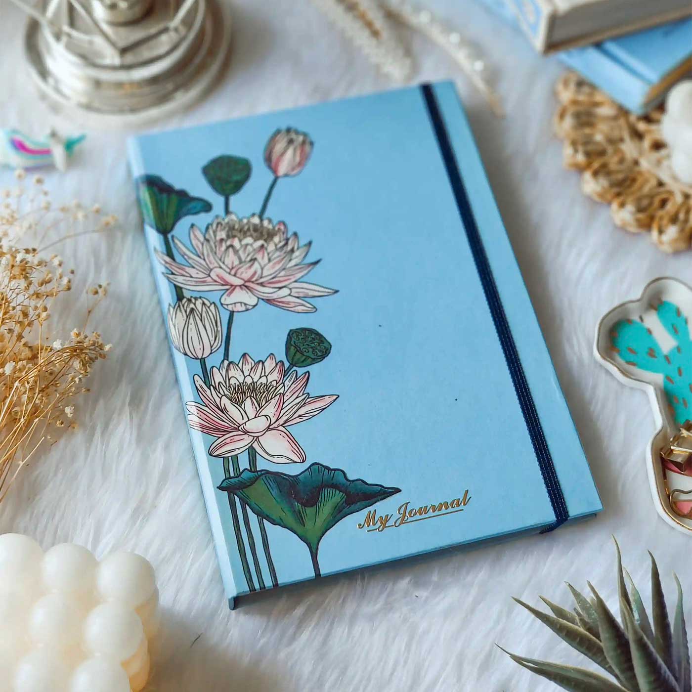 Buy Handmade Lotus Sky Blue Ruled Journal | 100 Pages Online On Zwende