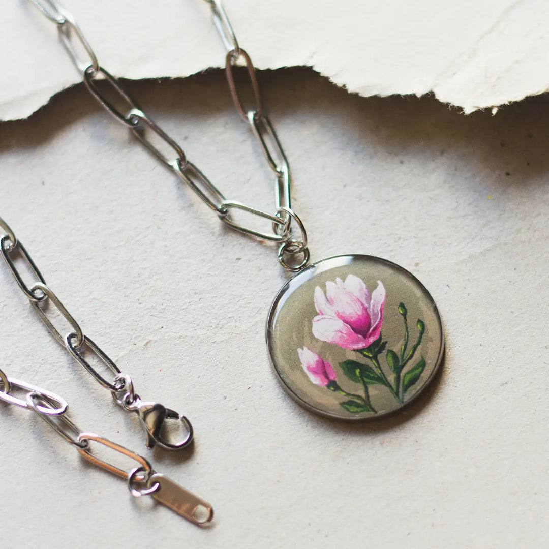 Illustrated Magnolia Flower Design Resin & Stainless Steel Necklace
