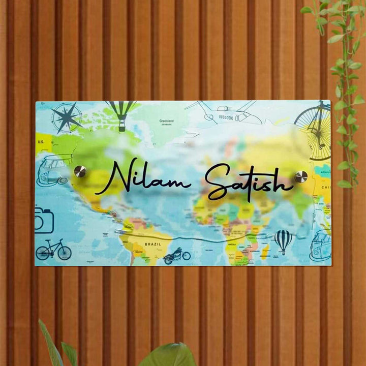Personalized World Map Theme Acrylic Name Plate With 3D Letters