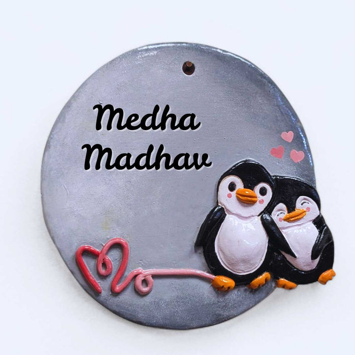 Personalized Hand-Painted Penguin Terracotta Name Plate For Couples
