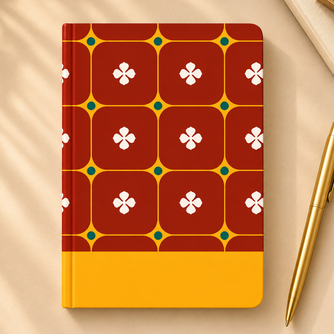 Red Aathangudi Tiles Pattern A5 Journal With Kanchipuram Weaves Heritage Cover For Festive Gifting