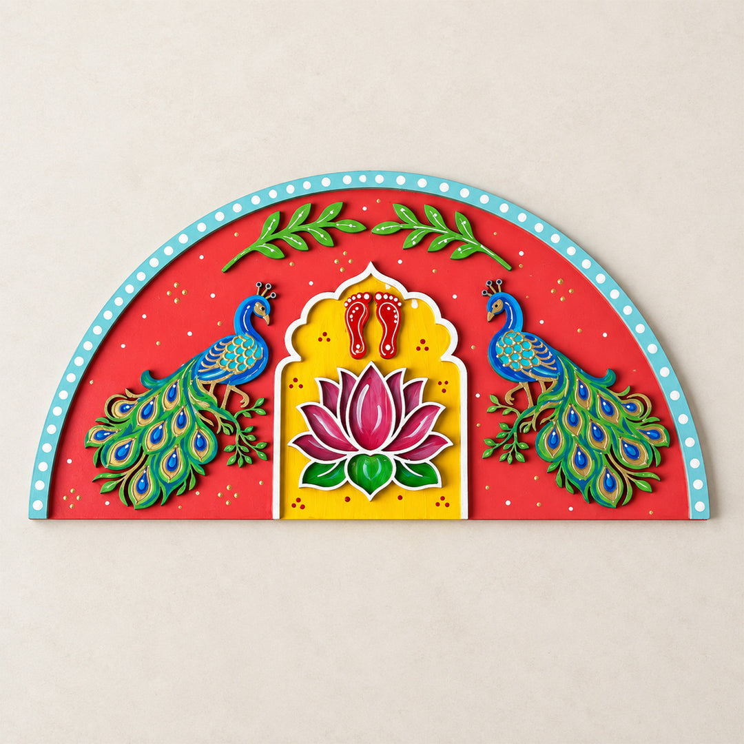 Hand-Painted Peacock & Lotus Semi-Circle Mdf Rangoli With Mirror Work For Festive Decor